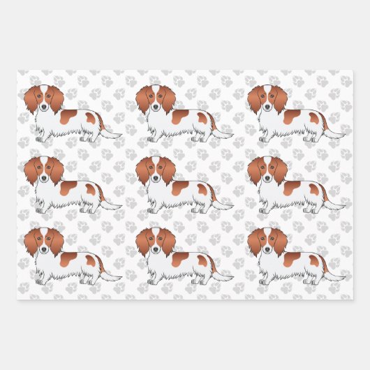 Red Piebald Long Hair Dachshund Dog Pattern & Paws Inpakpapier Vel (Voorkant 2)