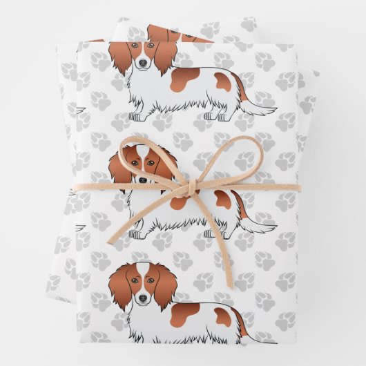 Red Piebald Long Hair Dachshund Dog Pattern & Paws Inpakpapier Vel (In situ)