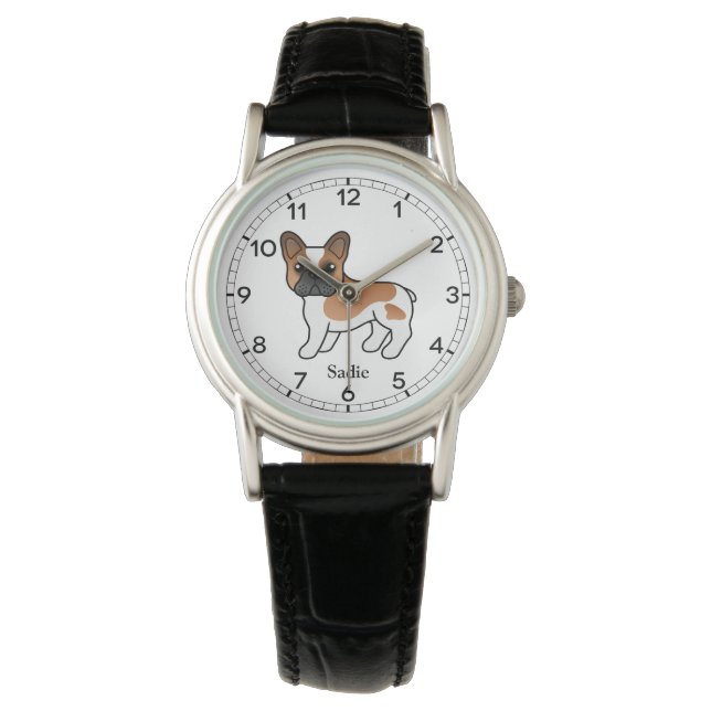 Red Pied French Bulldog Cute Cartoon Dog & Name Horloge (Voorkant)