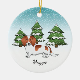Red Pied Long Hair Dachshund Dog - Winterbos Keramisch Ornament