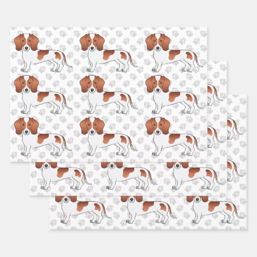 Red Pied Short Hair Dachshund Dog Pattern & Paws Inpakpapier Vel (Set)