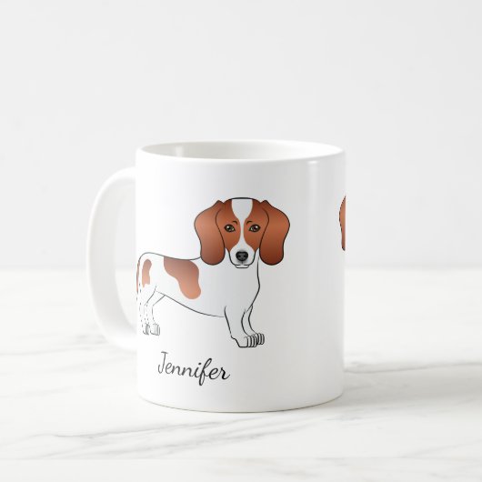 Red Pied Smooth Coat Dachshund Cartoon Dog & Name Koffiemok (Voorkant links)