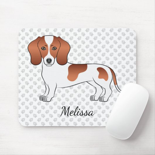 Red Pied Smooth Coat Dachshund Cartoon Dog & Name Muismat (Met muis)