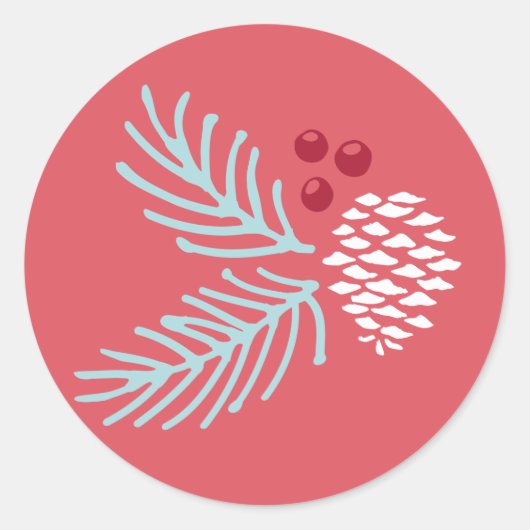 Red Pine and Berry Classic Round Holiday Sticker (Voorkant)