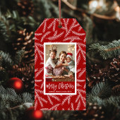 Red Pine Branch Vrolijke Kerstmis Foto Vakantie Cadeaulabel
