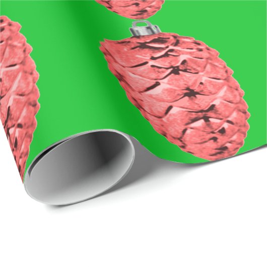 Red Pinecone Green Wrapping Paper Cadeaupapier (Rol Hoek)