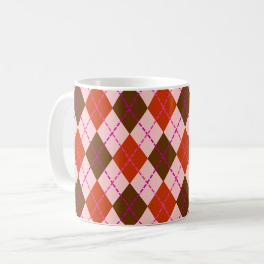 Red Pink and Brown Argyle Pattern Koffiemok (Voorkant links)