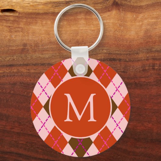 Red Pink and Brown Argyle Pattern Monogram Sleutelhanger (Voorkant)