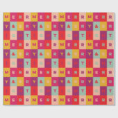 Red Pink Aqua Yellow Merry and Bright Checkers Cadeaupapier (Vlak)