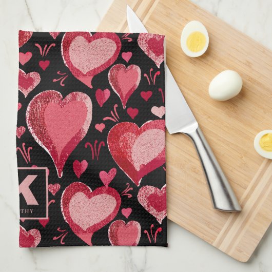 Red Pink Black Hearts Pattern Monogram tekening Theedoek (Quarter Fold)