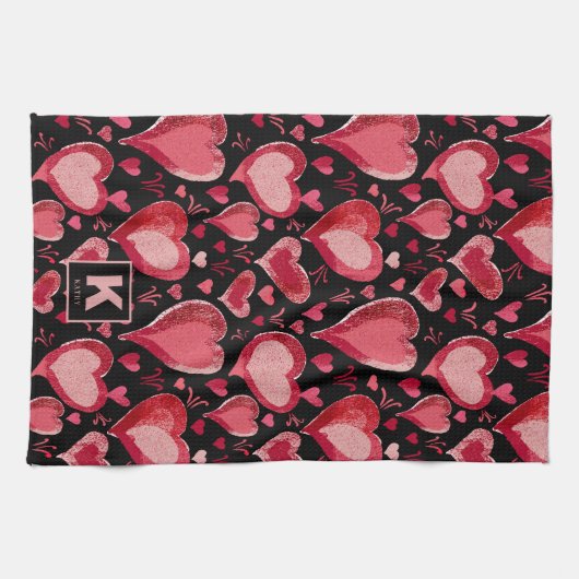 Red Pink Black Hearts Pattern Monogram tekening Theedoek (Horizontaal)