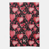 Red Pink Black Hearts Pattern Monogram tekening Theedoek (Verticaal)