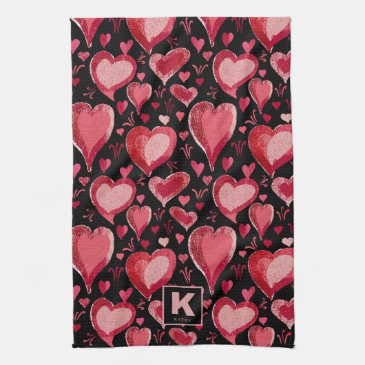Red Pink Black Hearts Pattern Monogram tekening Theedoek (Verticaal)