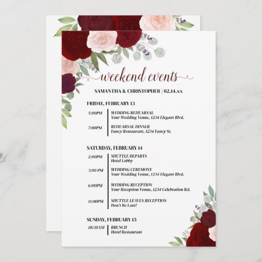 Red & Pink Boho Roses Wedding Events & Timeline Programmakaart (Voorkant / Achterkant)
