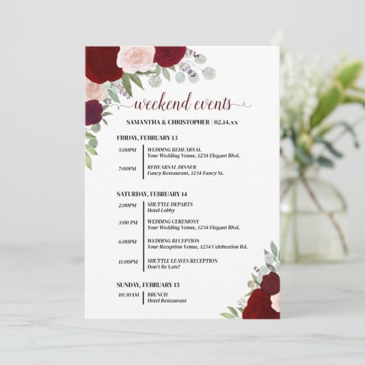 Red & Pink Boho Roses Wedding Events & Timeline Programmakaart (Staand voorkant)