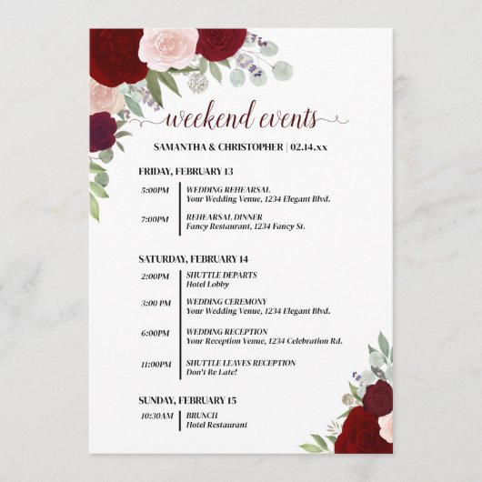 Red & Pink Boho Roses Wedding Events & Timeline Programmakaart (Voorkant)