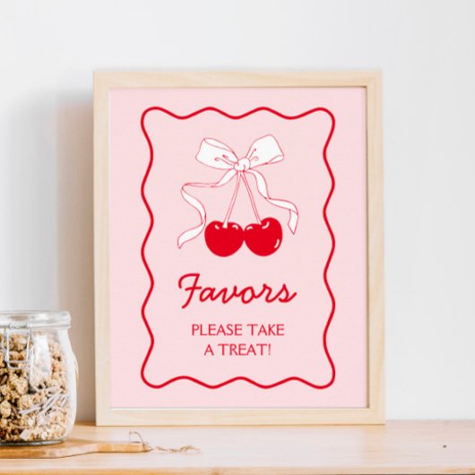 Red Pink Bow Cherry Baby shower Favoriet Poster