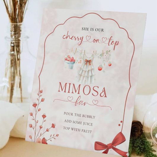 Red Pink Bow Cherry Mimosa Bar | Elegante bloem Reclamebord Met Voetstuk