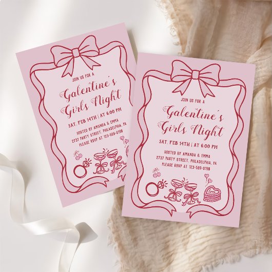 Red Pink Bow Galentine's Girls Night Party Kaart