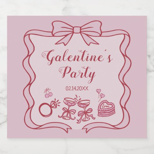 Red Pink Bow Galentine's Party Sparkling Wijnetiket (Enkel label)