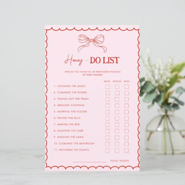 Red Pink Bow Xmas Honey Do List Bridal Shower Game (Staand voorkant)