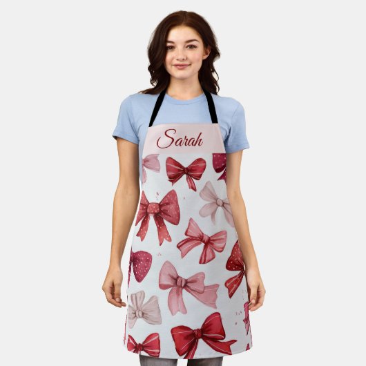 Red & Pink Bows Personalized Christmas Apron Schort (Gedragen)