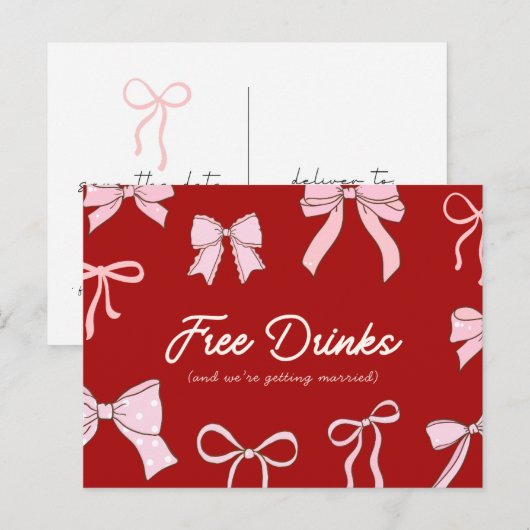 Red Pink Coquette Bow Free Drinks Save the Date Aankondigingskaart (Voorkant / Achterkant)