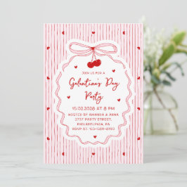 Red Pink Coquette Cherry Bow Galentine's Day Party Kaart
