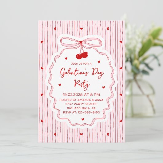 Red Pink Coquette Cherry Bow Galentine's Day Party Kaart (Staand voorkant)