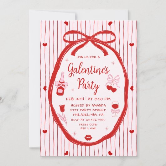 Red Pink Coquette Hand Drawn Galentine's Party  Kaart (Voorkant)