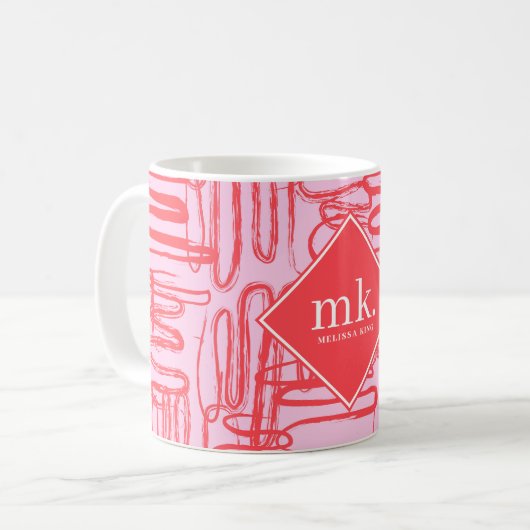 Red Pink Curve Wavy Squiggle Abstract Monogrammed Koffiemok (Voorkant links)