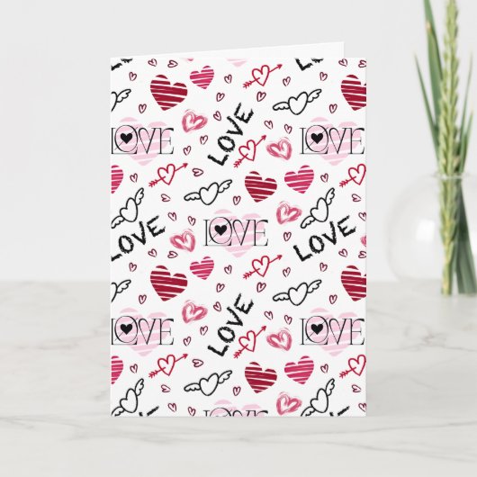 Red Pink Doodle Hearts Pattern Valentine's Day Kaart (Voorkant)