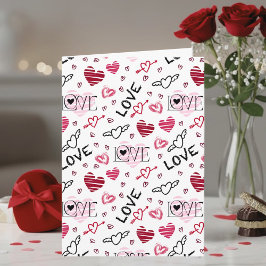 Red Pink Doodle Hearts Pattern Valentine's Day Kaart