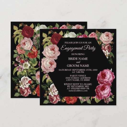 Red Pink Floral Greenery Black Engagement Party Kaart (Voorkant / Achterkant)