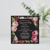 Red Pink Floral Greenery Black Engagement Party Kaart (Staand voorkant)