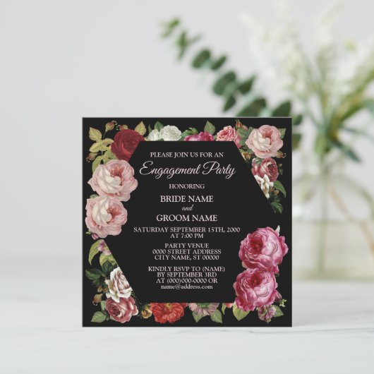 Red Pink Floral Greenery Black Engagement Party Kaart (Staand voorkant)