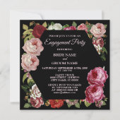 Red Pink Floral Greenery Black Engagement Party Kaart (Voorkant)