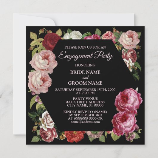 Red Pink Floral Greenery Black Engagement Party Kaart (Voorkant)