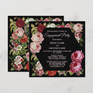 Red Pink Floral Greenery Black Engagement Party Kaart