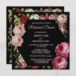 Red Pink Floral Greenery Black Rehearsal Dinner Kaart