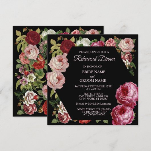 Red Pink Floral Greenery Black Rehearsal Dinner Kaart (Voorkant / Achterkant)