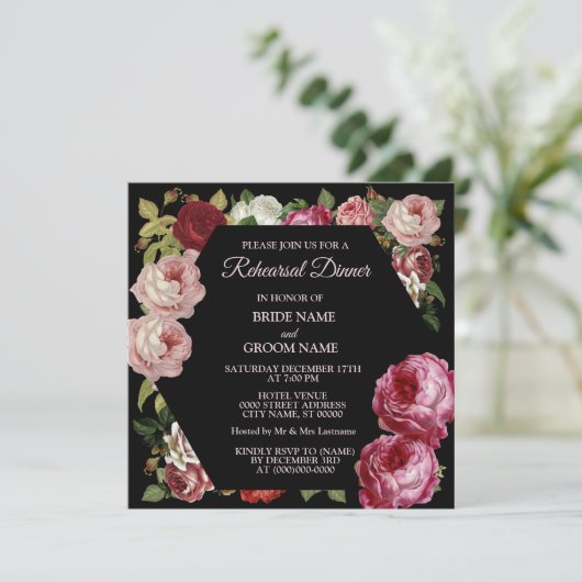 Red Pink Floral Greenery Black Rehearsal Dinner Kaart (Staand voorkant)