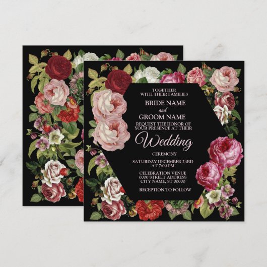 Red Pink Floral Greenery Rustic Black Wedding Kaart (Voorkant / Achterkant)