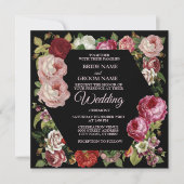 Red Pink Floral Greenery Rustic Black Wedding Kaart (Voorkant)