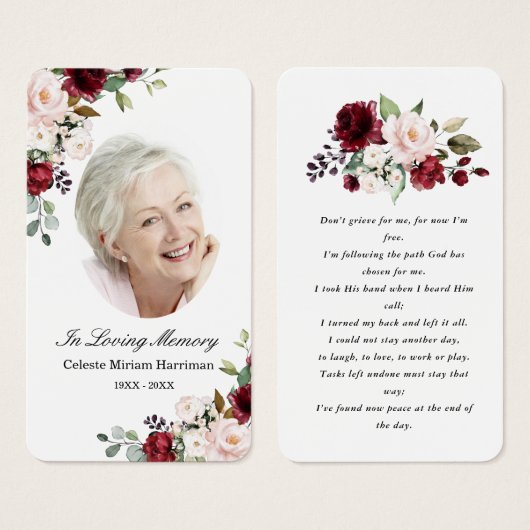 Red Pink Floral Photo Funeral Prayer Card Visitekaartje (Voorkant /achterkant)