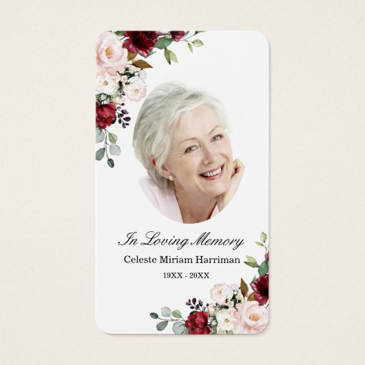 Red Pink Floral Photo Funeral Prayer Card Visitekaartje (Voorkant)