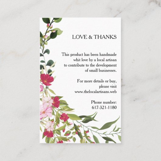 Red & Pink Floral Wreath Handmade with Love Quote Visitekaartje (Achterkant)