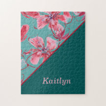 Red Pink Flowers Monogramed Green Ombre Gradient