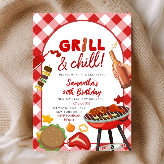 Red Pink Gingham Birthday BBQ invitation Kaart