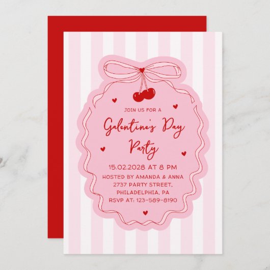 Red Pink Girly Coquette Bow Galentine's Day Party Kaart (Voorkant / Achterkant)
